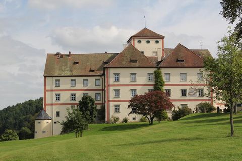 Seitliche Ansicht Schloss Langenstein mit Turm und Grünanlage