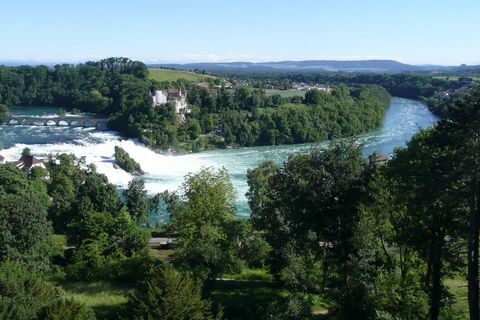 Der Rheinfall in Schaffhausen aus der Vogelperspektive mit Schloss Laufen im Hintergrund  (© Rheinfall Schaffhausen)